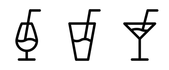 Vector illustration of three different black outline drink icons, including a cocktail glass, a tall glass with a straw, and a martini glass, on a white background. Editable stroke.