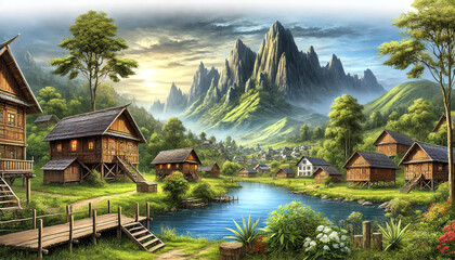 Fototapeta premium Serene Village Nestled in Lush Valley with Wooden Houses