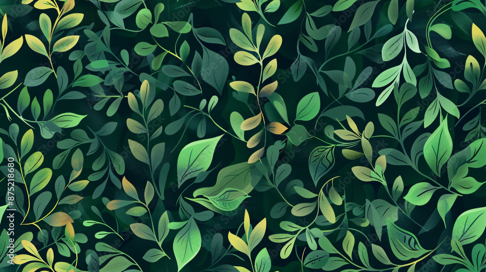 Poster dark background with green leaves in a seamless pattern