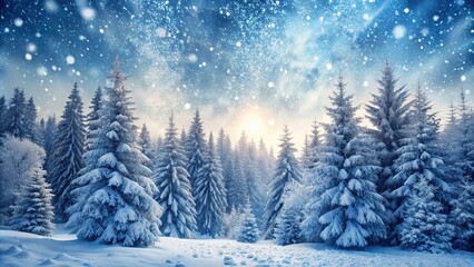 Fototapeta premium Snowstorm in a dense forest with swirling snowflakes and icy trees, winter, blizzard, snowfall, cold, weather, nature, stormy