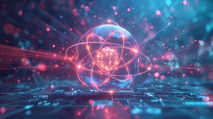 Obraz premium A digital illustration of an atom with orbiting electrons, showcasing the fundamental structure of elements, set against a futuristic background.