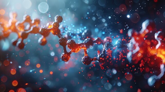 A digital illustration of a molecule undergoing decomposition, with its bonds breaking and rearranging into new structures, highlighting the concept of chemical change.