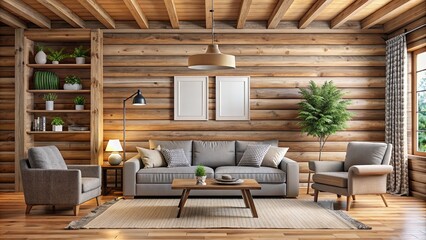 Log cabin style living room with blank wall for product display and mockup, log cabin, living room, blank wall, product display