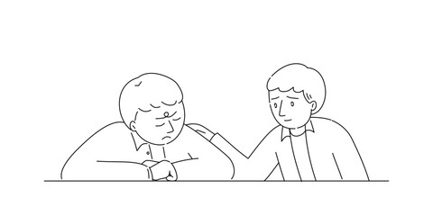 A worried man with kind friend in line drawing style.