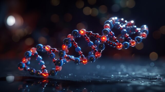 An artistic representation of the covalent bonding in a DNA molecule, with the iconic double helix structure and labeled nitrogenous bases, illustrating the genetic code.