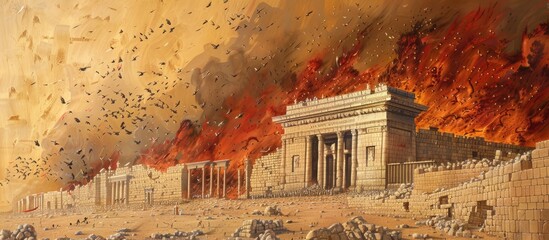 Fototapeta premium Tisha B’Av. The destruction of the Temple of Jerusalem engulfed in flames. Digital painting.