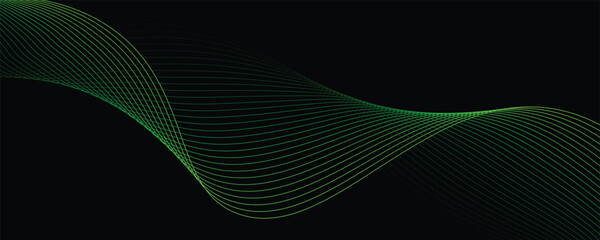 Abstract light lines wavy flowing dynamic in green colors isolated on black background for concept of AI technology, digital, communication, 5G, science and  music.