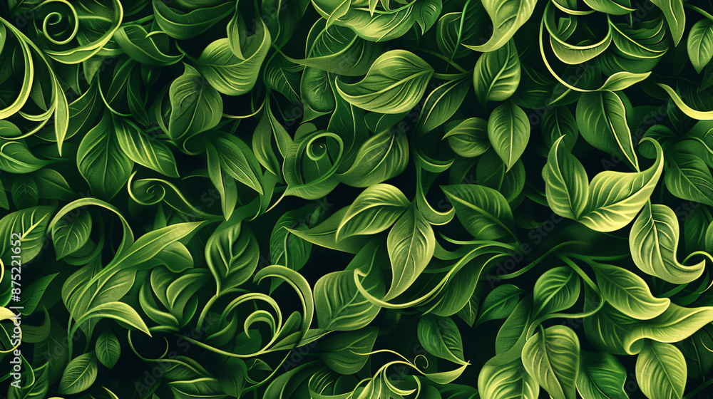 Poster elegant floral pattern with green leaves on a seamless black background, ideal for adding a natural 