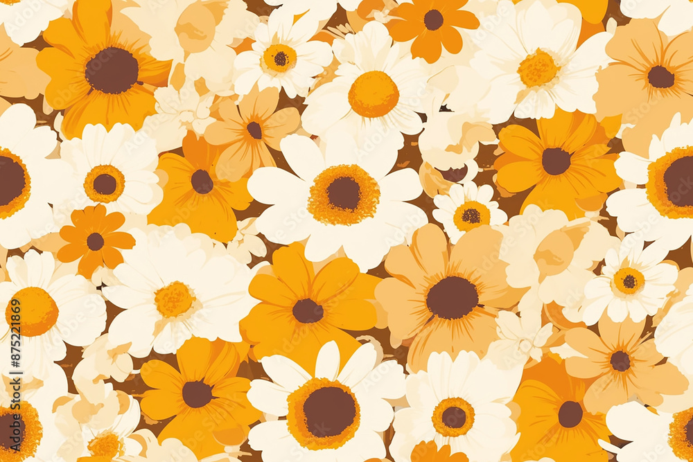 Canvas Prints A seamless floral pattern featuring various white and orange flowers with brown centers on a mixed beige and orange background. Perfect for textile, wallpaper, and decor.