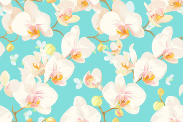 A seamless pattern of white orchids with hints of pink and yellow on a turquoise background.