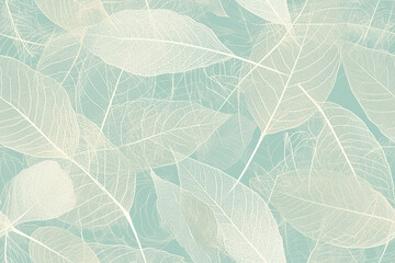 A seamless pattern featuring delicate, white skeletal leaves on a soft teal background. The elegant design is perfect for nature-inspired projects.