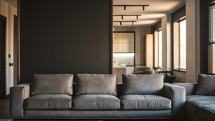 Modern living room interior, gray sofa on dark empty wall