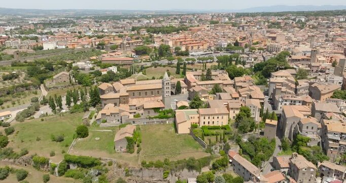 Aerial view of Palazzo dei Papi in Viterbo, Italy. It is a historical papal palace located alongside the Cathedral of the city. It is the most important monument in the town.