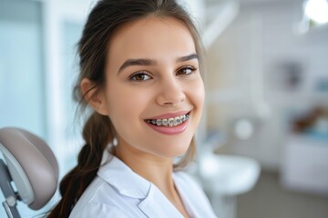 Fototapeta premium Close-up portrait of a smiling woman with orthodontic braces