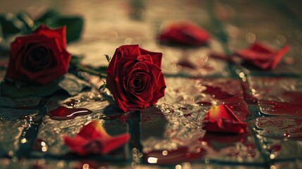 Roses lying in a pool of blood on the floor, a stark representation of love turned deadly and the murder of affection