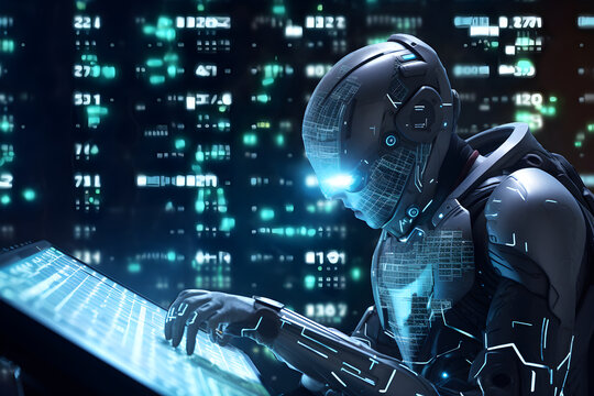 Advanced Humanoid Robotics Engaged in Futuristic Artificial Intelligence Programming