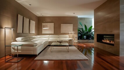 Modern living room with white leather sofa