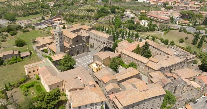 Aerial view of Palazzo dei Papi in Viterbo, Italy. It is a historical papal palace located alongside the Cathedral of the city. It is the most important monument in the town.