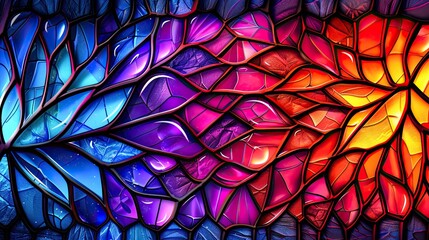 Vibrant stained glass with a blend of blue, purple, pink, and red colors in an abstract leaf pattern, creating an artistic and dynamic effect.