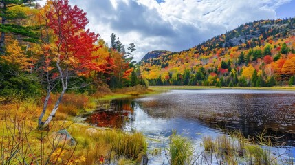 The landscape is painted with autumn's shades as maple leaves in yellow, red, and orange fall gracefully