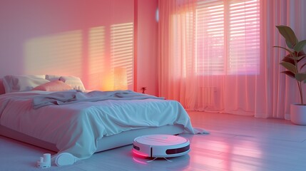 The robot vacuum cleaner cleans the room with bed in minimalism soft pink pastel interior