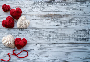 Sweet knitted yarn hearts red white knitting crafter handmade wool romantic soft DIY love Valentine Day hobby creative crafts flatlay above knit crochet blank banner wood table background copy
