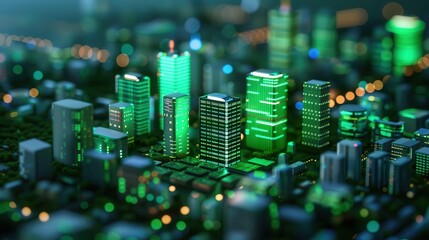 Futuristic green smart city with digital elements, eco-friendly urban development, sustainable technology