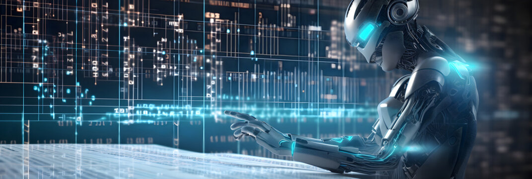 Advanced Humanoid Robotics Engaged in Futuristic Artificial Intelligence Programming