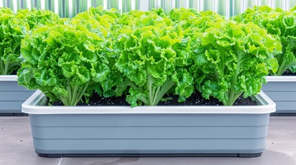 Fresh green lettuce plants growing in a rectangular planter