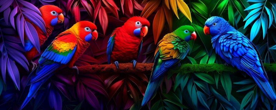 Colorful parrots perched on lush green foliage.