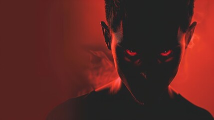 Dark intense figure with glowing red eyes against fiery background, emanating a sense of mystery and menace.