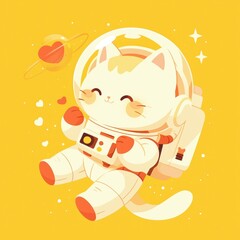 Cat floating in space with heart-shaped planet