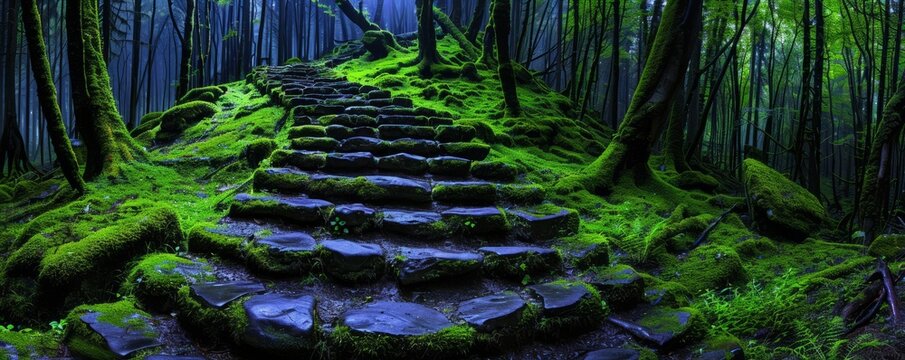 Stone steps leading through a lush, mossy forest.