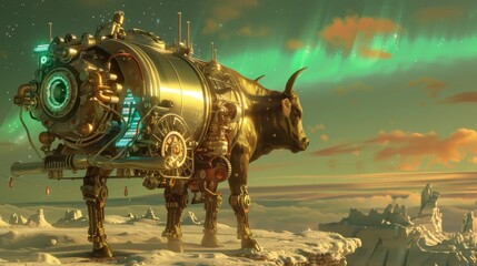 Fototapeta premium Futuristic robotic ox in a snowy landscape with vibrant aurora borealis in the background, showcasing advanced technology and science fiction.