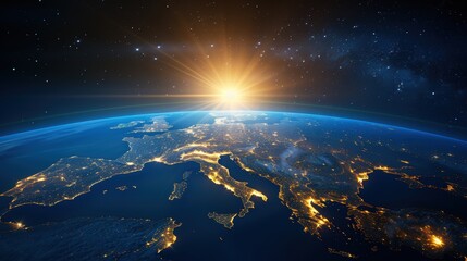 Sunrise over Earth viewed from space, highlighting Europe and the stunning night lights from various cities.