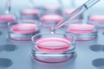 Close-up of laboratory equipment showing pipette with liquid above cultured cells in petri dishes, highlighting research and science.
