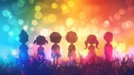 Silhouettes of children standing in a colorful, bokeh-filled background, depicting unity and innocence. Vibrant and whimsical atmosphere.