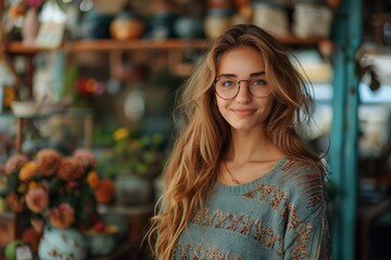 Portrait of saleswoman with hands while female customer shopping in background at supermarket