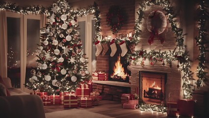 Fototapeta premium Christmas Tree Fireplace Lights, Decorated Xmas Living Room, Night Interior