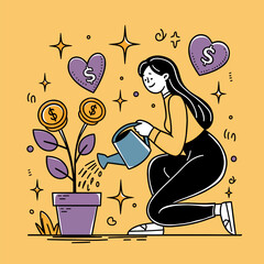 Watering Money Plant for Growing Wealth - Conceptual Illustration of Financial Growth