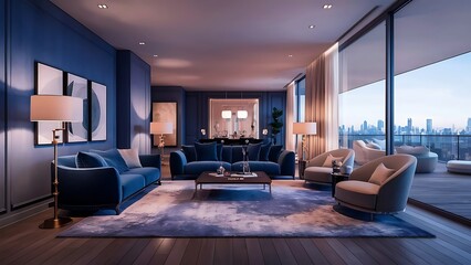 Fototapeta premium Stylish modern interior of blue living room with luxury home accessories