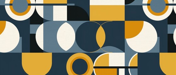 Abstract geometric pattern with bold shapes and a modern color scheme in navy, mustard, and white.