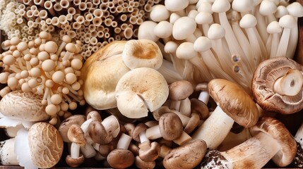 A beautiful photo of an assortment of mushrooms, including shiitake and button mushrooms