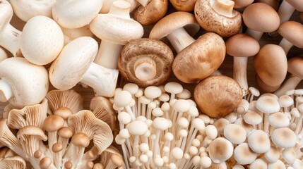 A beautiful photo of an assortment of mushrooms, including shiitake and button mushrooms