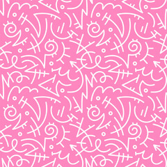 Fun line doodle seamless pattern. Creative abstract squiggle style drawing background for children or trendy design with basic shapes. Simple childish scribble wallpaper print.