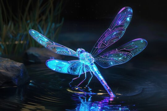 An artistic rendering of a neon blue and purple dragonfly,  