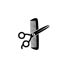 Scissors and hairbrush graphic icon. Crossed scissors and hairbrush sign isolated on white background. Barbershop symbol. Modern vector illustration.