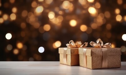 Gold gift boxes with golden ribbon bow and confetti on glitter lights and sparkles background. New Year, Christmas, Mather's day, birthday or holiday banner for web with copy space