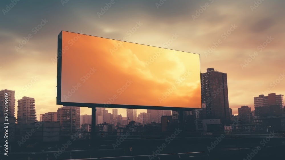 Aufkleber empty billboard with a red background at sunset. red billboard mockup surrounded with urban cityscap