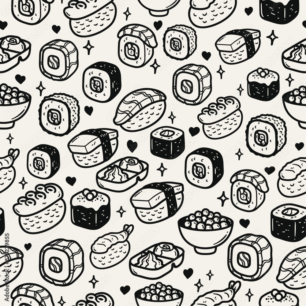 Aufkleber vector and seamless pattern with japanese cuisine of fish and rice. sushi pattern black and white. s